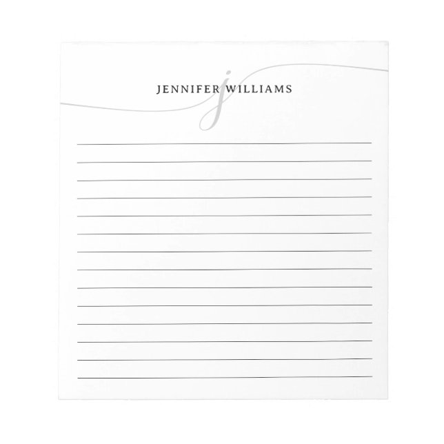 Elegant Script Black Gray Modern Monogram Lined Notepad (Front)
