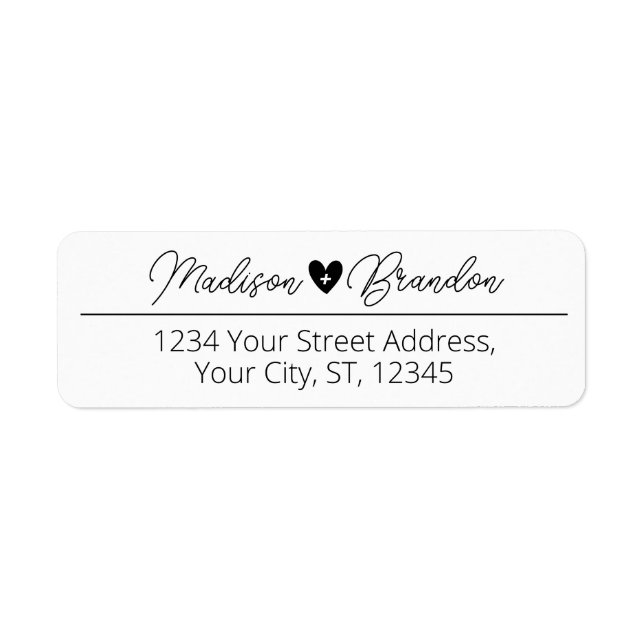 Elegant Script Black Heart Wedding Return Address Label (Front)