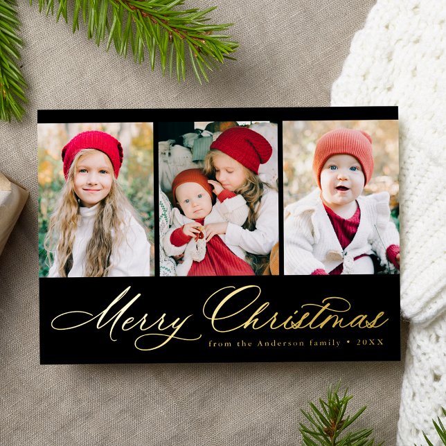 Elegant Script Black Merry Christmas 3 Photo Foil Holiday Card (Creator Uploaded)