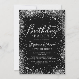 Elegant Script Black Silver Glitter 10th Birthday  Invitation