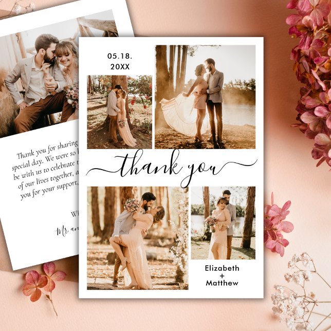Elegant Script Black White 4 Photo Collage Wedding Thank You Card (Creator Uploaded)