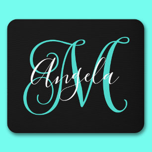 Elegant Script Black White and Turquoise Monogram Mouse Pad