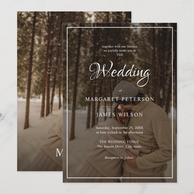 Elegant Script Black & White Border Photo Wedding Invitation (Front/Back)