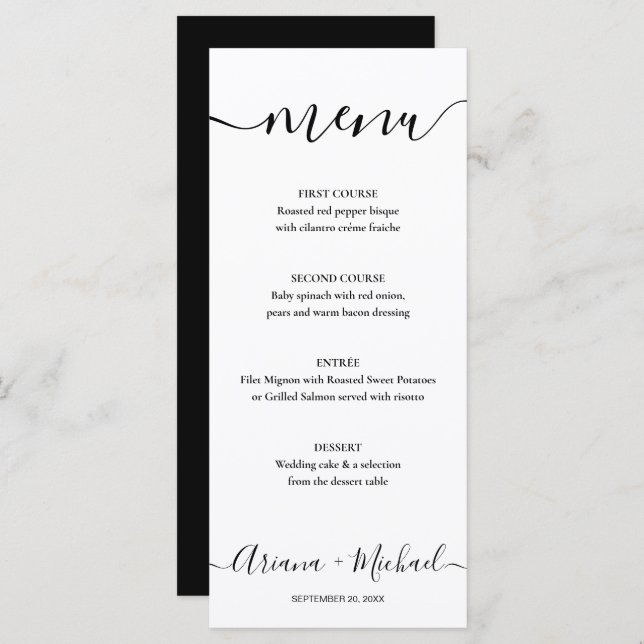Elegant Script Black white Customisable Wedding  Menu (Front/Back)