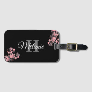 Elegant Script Black White Girly Floral Monogram L Luggage Tag