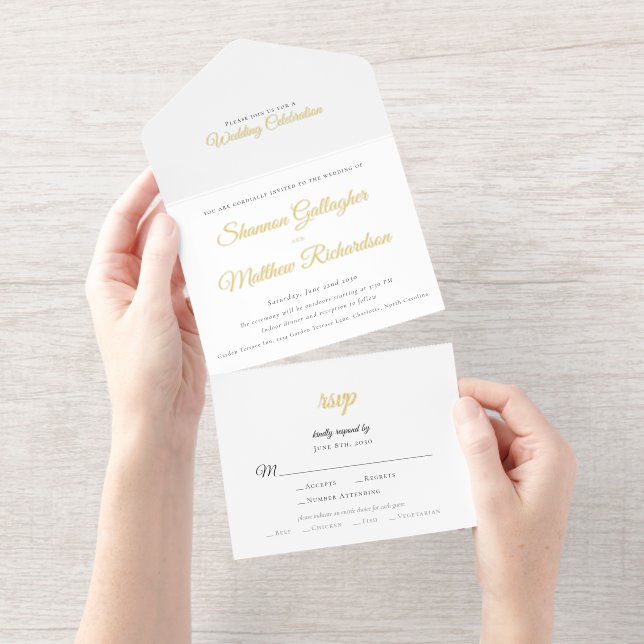 Elegant Script Black White Gold Foil Wedding All In One Invitation (Tearaway)