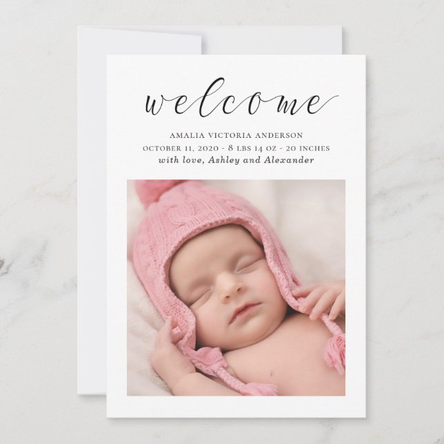 Elegant script black white newborn, new baby birth announcement (Front)