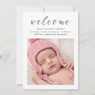 Elegant script black white newborn, new baby birth announcement