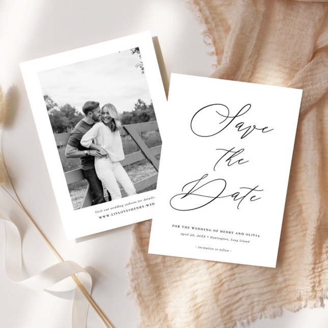Elegant Script Black White Photo on Back Wedding Save The Date (Creator Uploaded)