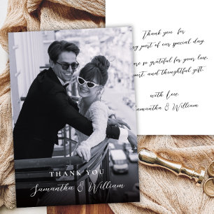 Elegant Script Black White Photo Wedding Thank You Card