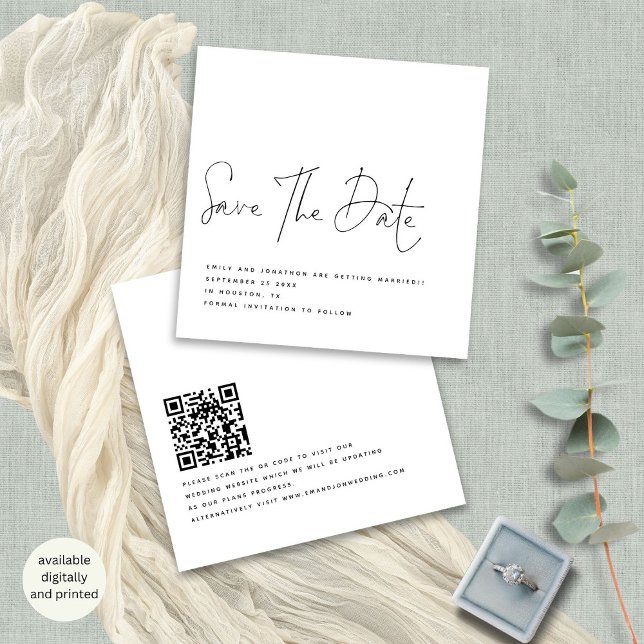 Elegant Script Black White QR Wedding Save Date Invitation (Frotn and back view)