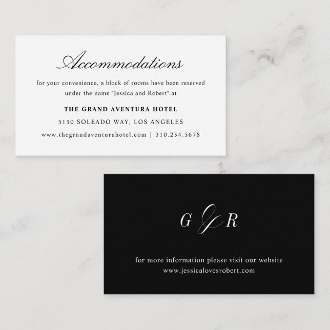 Elegant Script Black White Wedding Accommodations Enclosure Card (Front/Back)