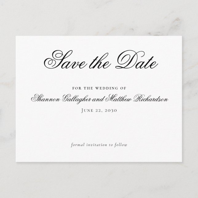 Elegant Script Black White Wedding Save the Date Announcement Postcard (Front)