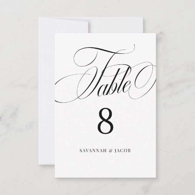 Elegant Script Black White Wedding Table Number (Front)