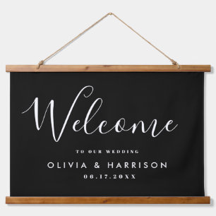 Elegant Script Black White Wedding Welcome Hanging Tapestry