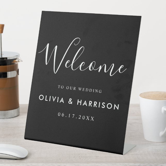 Elegant Script Black White Wedding Welcome Pedestal Sign (In SItu)
