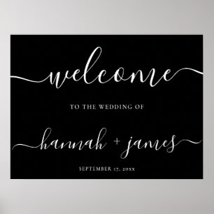 Elegant Script Black White Wedding Welcome Sign