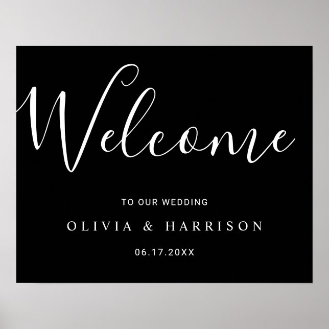 Elegant Script Black White Wedding Welcome Sign (Front)