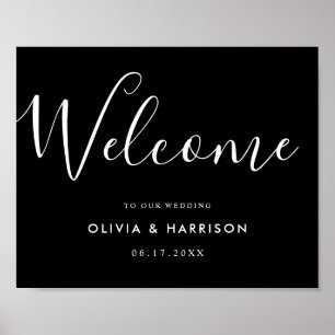 Elegant Script Black White Wedding Welcome Sign