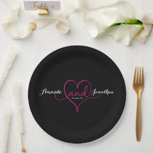 Elegant Script Black with Pink Heart Wedding  Paper Plate