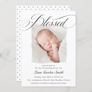 Elegant Script Blessed Christening Baptism Photo I Invitation