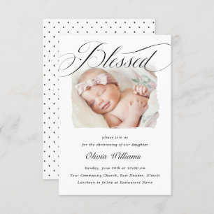 Elegant Script Blessed Christening Baptism Photo I Invitation