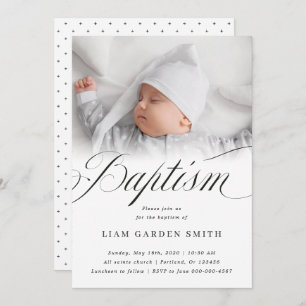 Elegant Script Blessed Christening Baptism Photo   Invitation