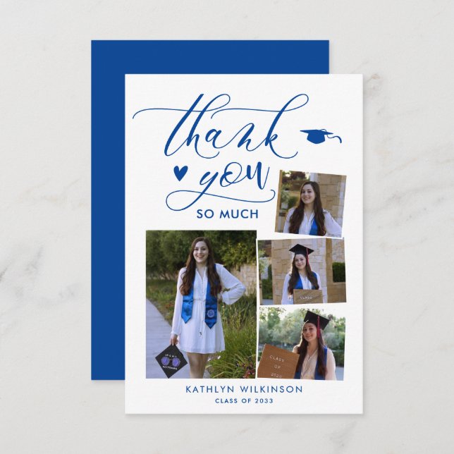 Elegant Script Blue 4 Photo College Graduation Thank You Card (Front/Back)