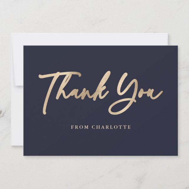 Elegant Script Blue and Gold Thank You Card (Front)