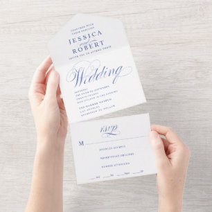 Elegant Script Blue and White Calligraphy Wedding All In One Invitation