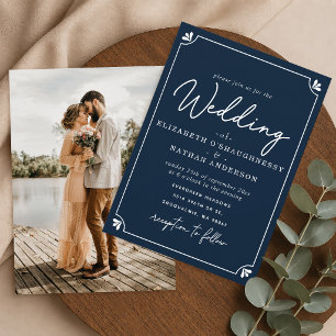 Elegant Script Blue and White Photo Wedding Invitation