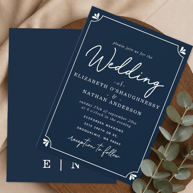 Elegant Script Blue and White Wedding Invitation (Creator Uploaded)