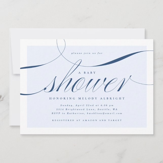 Elegant Script Blue Baby Shower Invitation (Front)