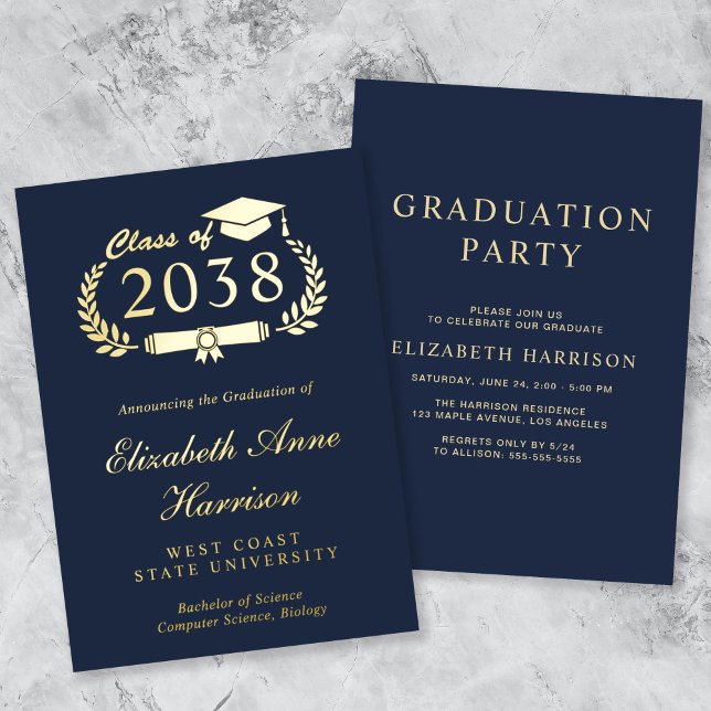 Elegant Script Blue College Graduation Party (An elegant foil graduation party invitation to celebrate the graduate's achievements)