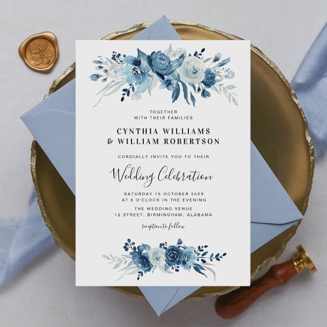 Elegant script blue floral wedding invitation (Creator Uploaded)