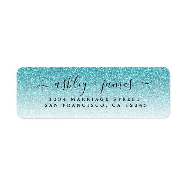Elegant Script Blue Glitter Wedding Return Address Label (Front)
