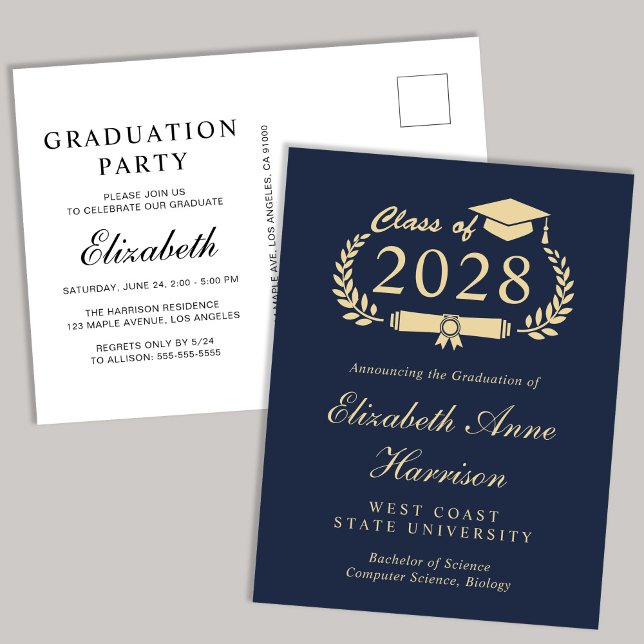 Elegant Script Blue Gold College Graduation Party Invitation Postcard (Creator Uploaded)