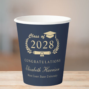 Elegant Script Blue Gold Graduation Paper Cups