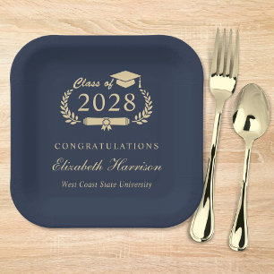 Elegant Script Blue Gold Graduation Paper Plate