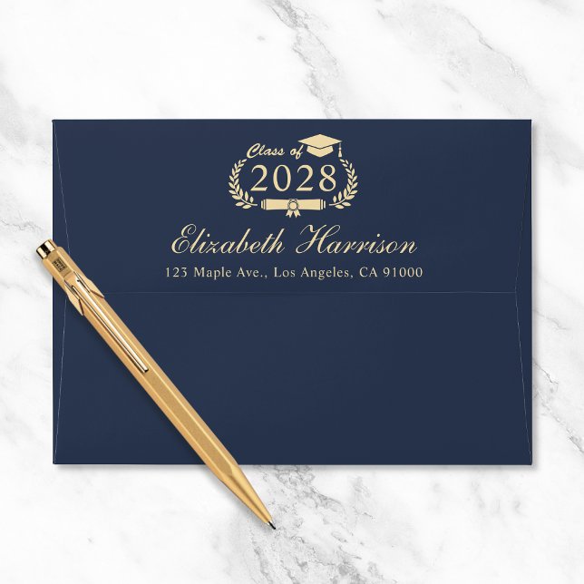 Elegant Script Blue Gold Graduation Return Address Envelope (Creator Uploaded)
