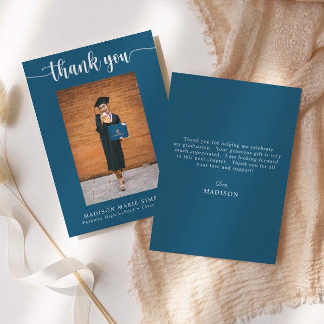 Elegant Script Blue Graduation Photo Thank You Card (Creator Uploaded)