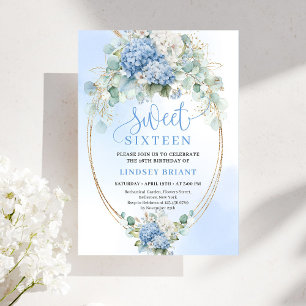 Elegant Script Blue Hydrangea Gold Sweet Sixteen Invitation