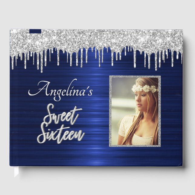 Elegant Script Blue Metallic Silver Glitter Guest Book (Front)