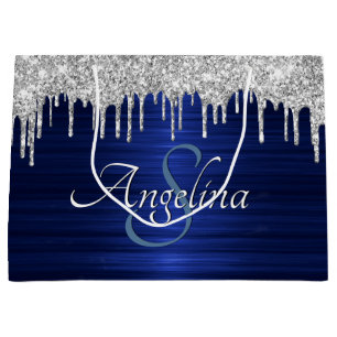 Elegant Script Blue Metallic Silver Glitter Large Gift Bag