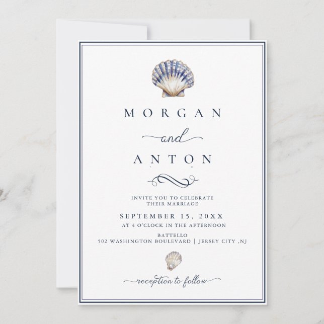 Elegant Script Blue Nautical Wedding  Invitation (Front)