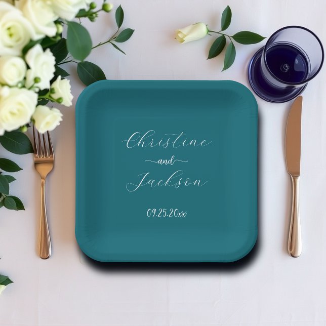 Elegant Script Blue Teal Wedding Paper Plate (Creator Uploaded)