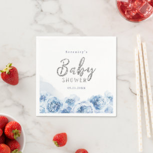 Elegant script blue watercolor floral baby shower napkin
