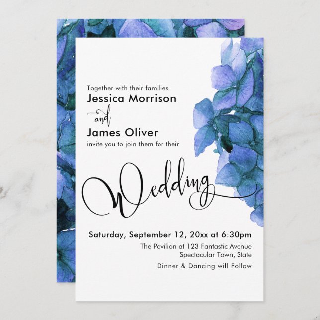 Elegant Script Blue Watercolor Hydrangea Wedding Invitation (Front/Back)