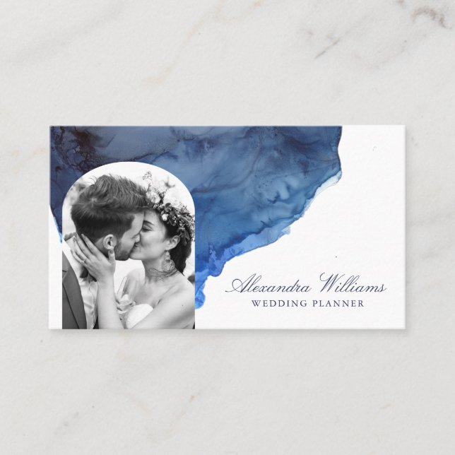Elegant Script Blue Watercolor Photo Professional Business Card (Front)