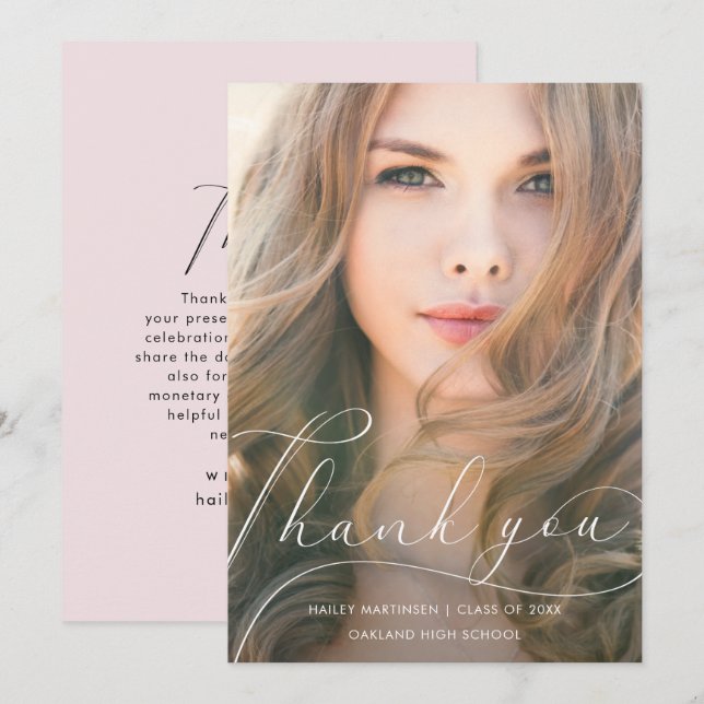 Elegant Script Blush Graduation Thank You Photo Card (Front/Back)